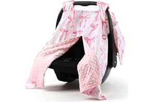AceOrbit Pink Bow Car Seat Cover Baby Girl, Minky Warm Winter Carseat Covers with Opening Cozy for Newborn Infant Boys Winter Stroller, Nursing Cover Canopy Shower Gift
