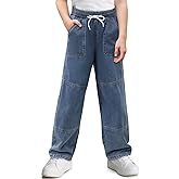 Haloumoning Boys Straight Leg Baggy Jeans Kids Elastic Waist Drawstring Wide Leg Denim Pants with Pockets 5-14 Years