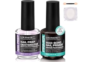 LOUINSTIC Nail Dehydrator & Acid-Free Primer for Acrylic & UV Gel Polish (All Gel Types), with Chrome Powder & Tool. HEMA-Free, No Burn, No Lift, Quick Air Dry, Low Irritant, Salon & Home DIY Nail Use, 2X15mL