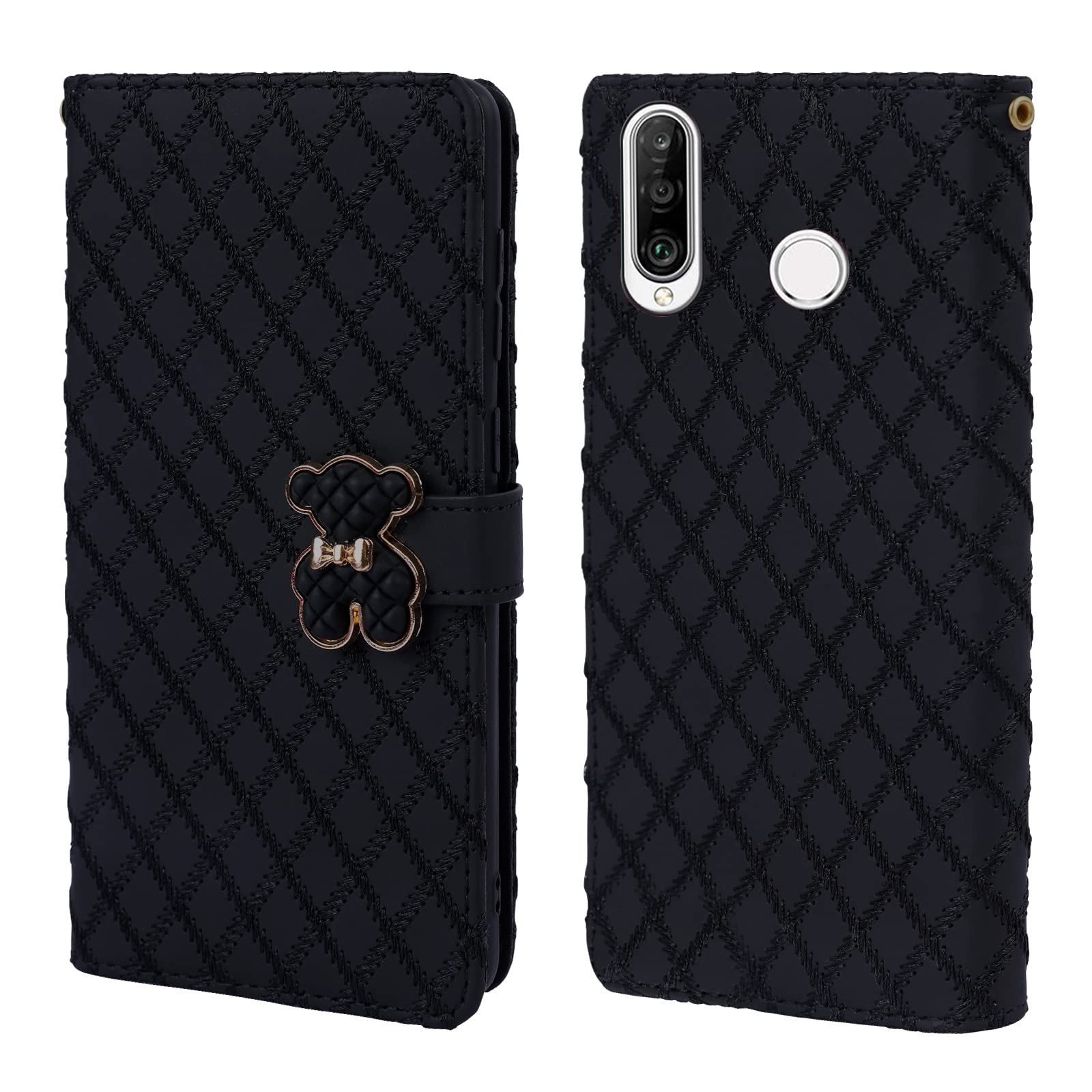 Tiyoo Huawei P30 Lite Flip Case with Wallet, 3D Metal Bear Magnetic Closure, Support Stand and Card Slots, PU Leather with Quilting Embroidery Process (Black)