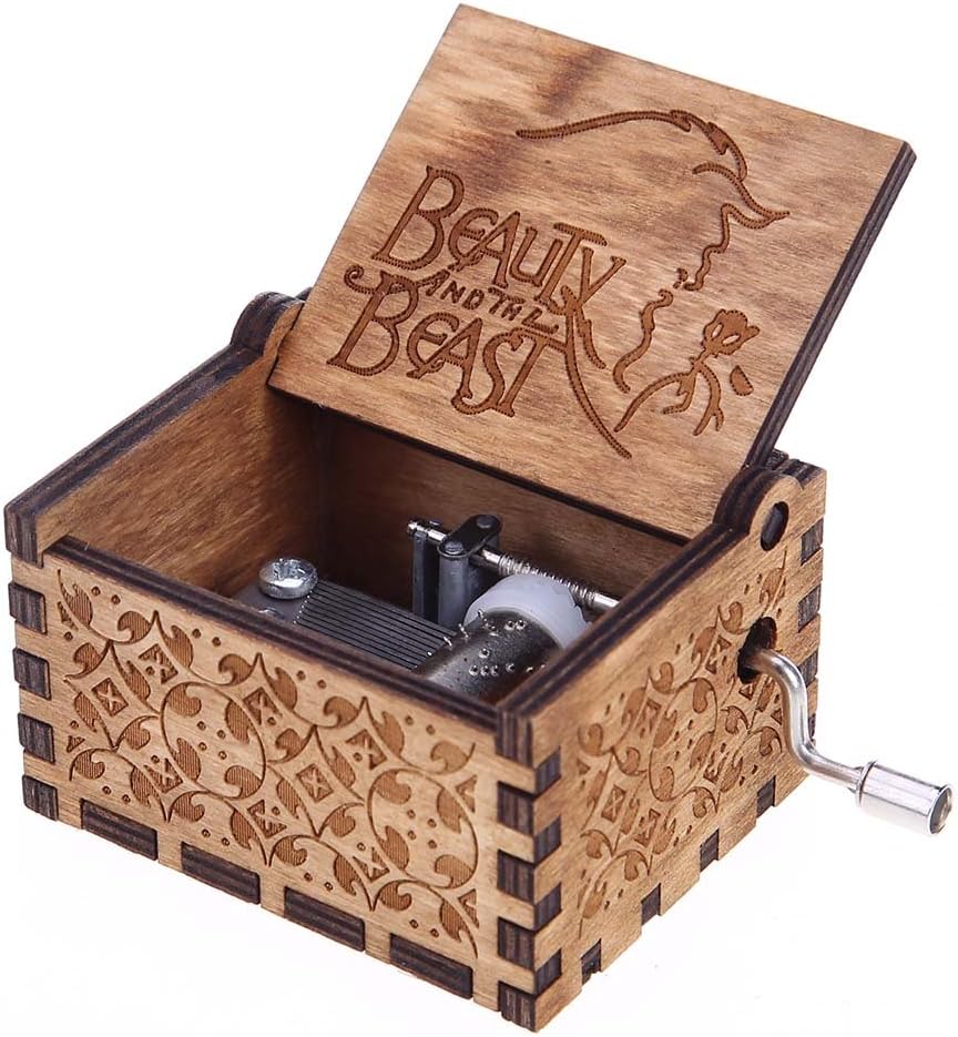 Wood Music Boxes for Daughter, Engraved Vintage Wooden Musical Box Gifts for Wife, Hand Crank Music Box Gifts for Birthday/Christmas/Valentine's Day (Beauty and The Beast)