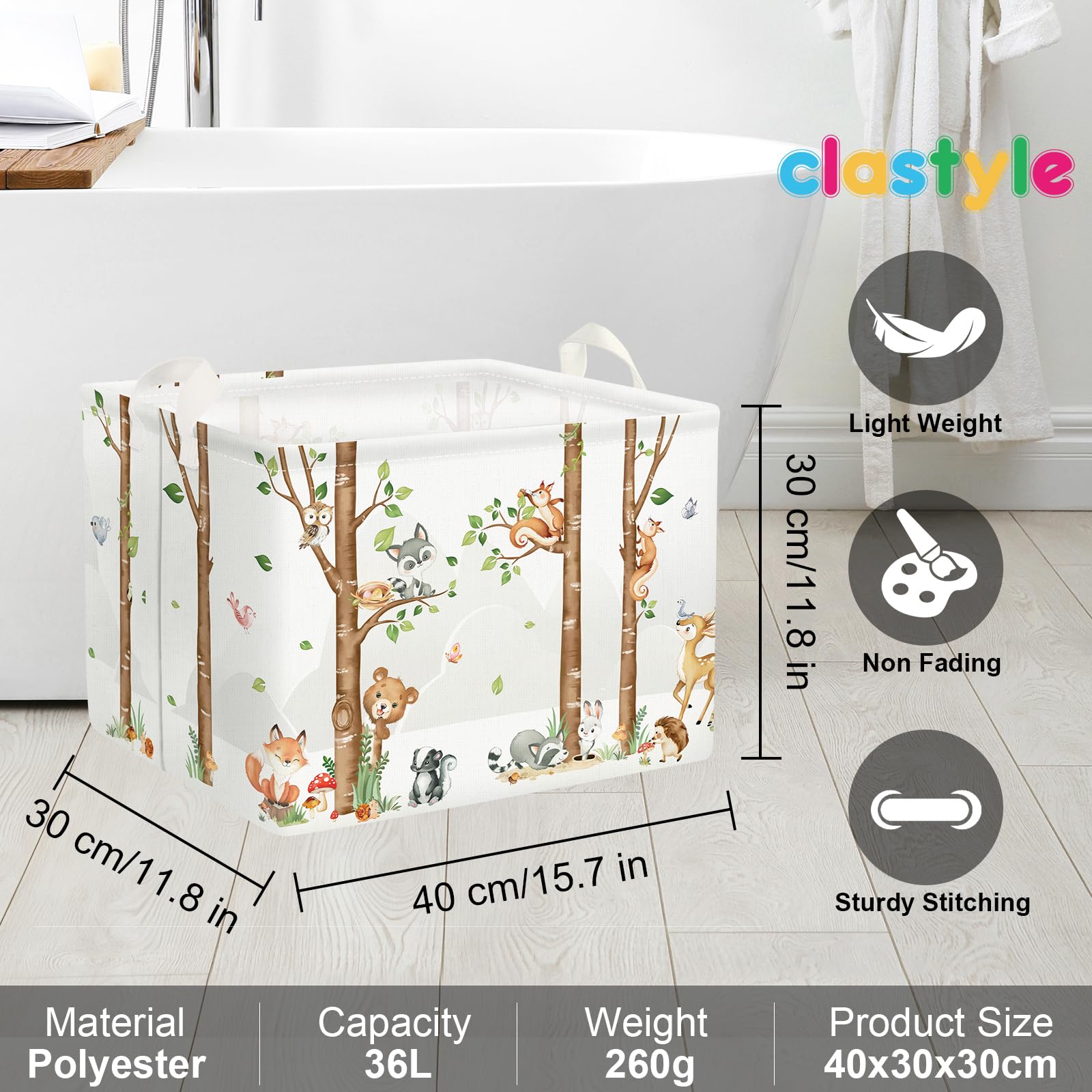 Clastyle Large Birch Tree Animal Storage Basket Collapsible Woodland Fox Bear Book Shelf Basket Rectangle Toy Clothes Cube Storage Basket for Kids Room