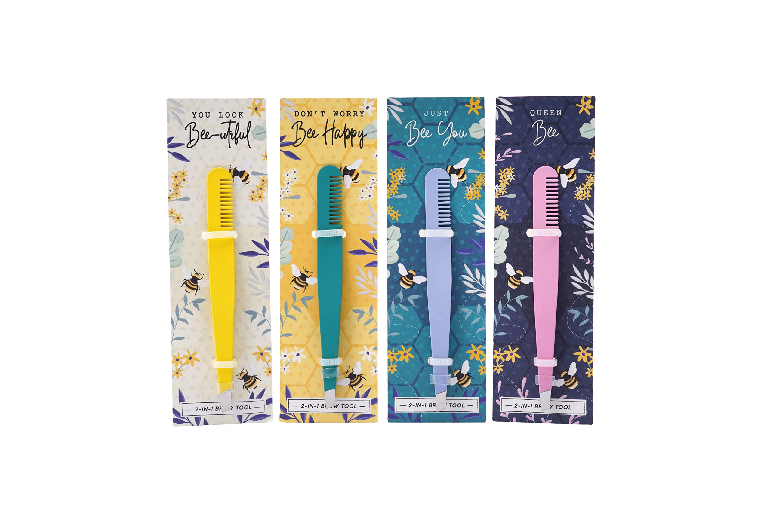 CGB Giftware | Set of 4 2-in-1 Brow Tools | Eyebrow Tweezers | Beauty Accessory | Yellow Green Pink Purple | The Beekeeper | GB06914