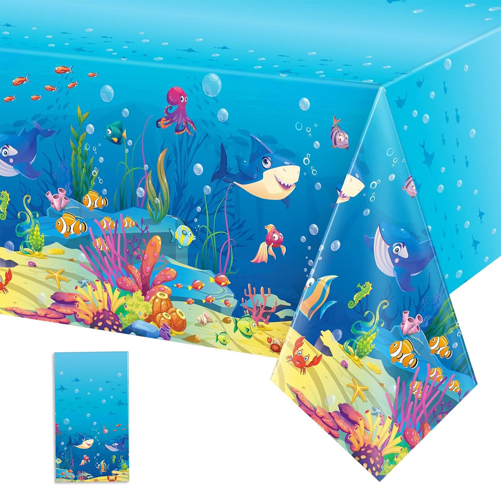 Photo 1 of Tiamon 1 Pcs Under The Ocean Tablecloths Ocean Waves Table Covers Animal Shark Tablecloths Underwater Plastic Table Covers for Fishing Beach Pool Birthday Party Decoration Supplies