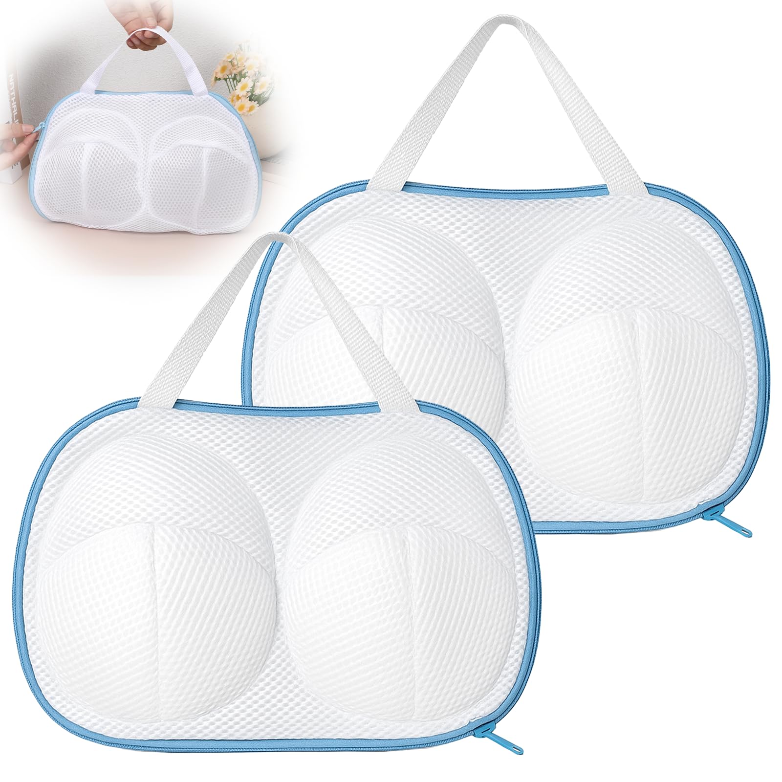View 1 of 2 PCS Bra Wash Bags for Laundry, Lingerie Underwear Brassiere Wash Bag Set for Washing Machine with Zipper Large Bra Washer Protector for Washing Women Delicates (Blue)