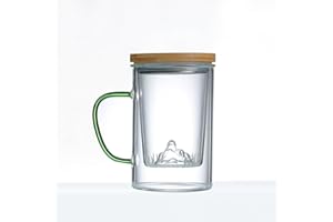 YUMUE Japanese Design Borosilicate Glass Tea Infuser Mug with Mountain Design, 500ml / 16.9oz Cup with Verdant Glass Handle a