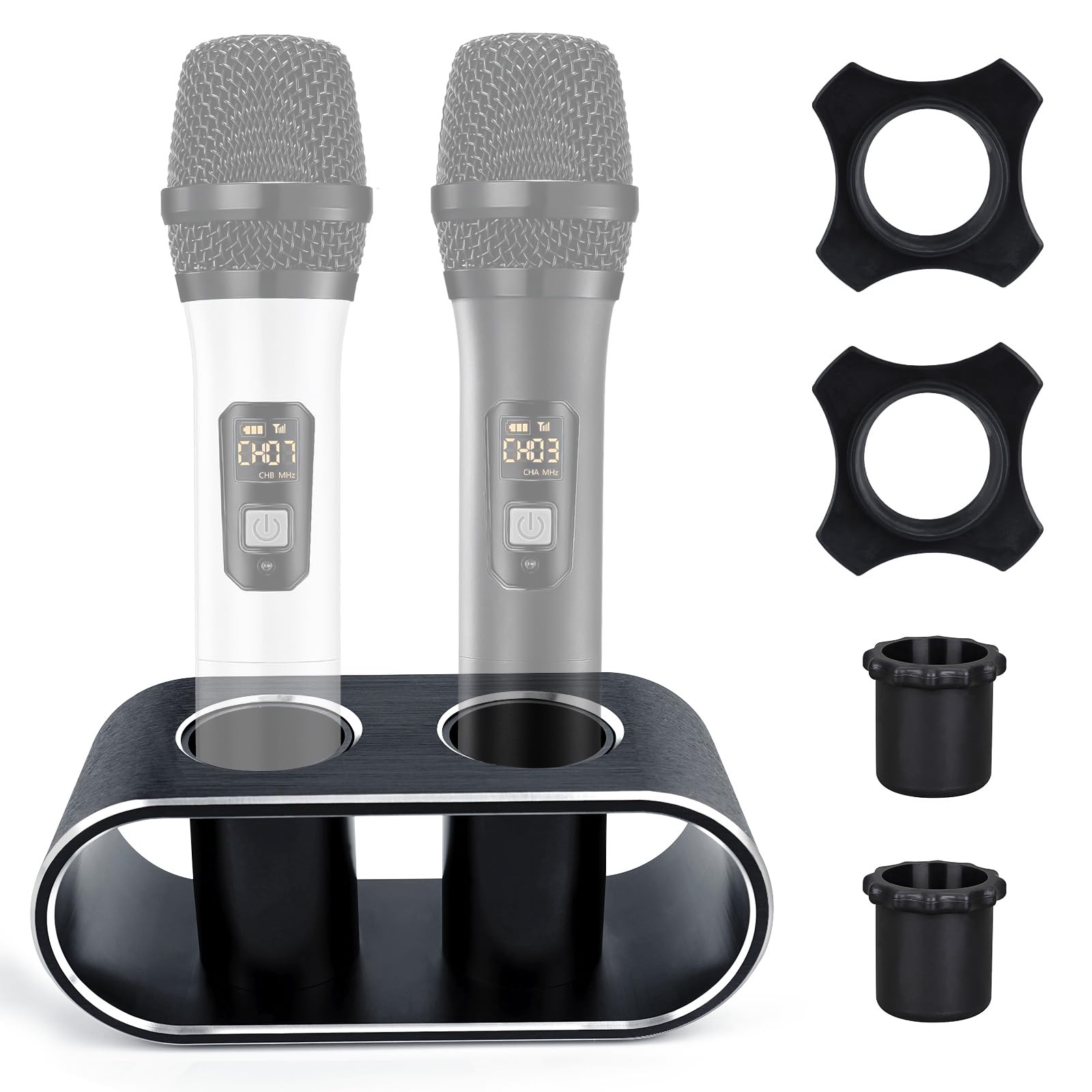 Photo 1 of BILIONE Aluminum Alloy Desktop Microphones Storage Holder, Fashionable Tabletop Mics Organizer for Karaoke Wireless Microphones(Black)