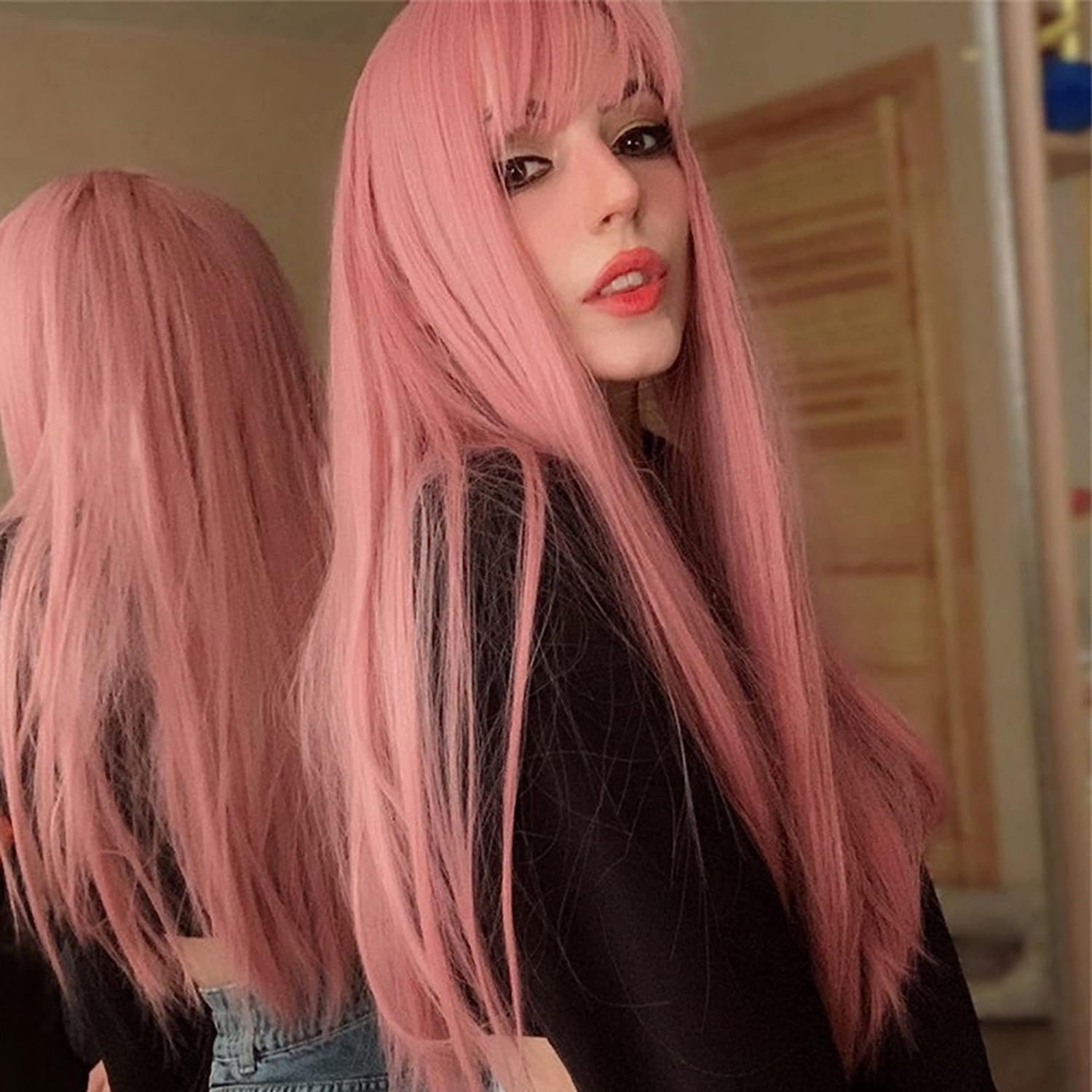 PORSMEER 32 Inch/80cm Long Pink Wigs for Women, Layered Straight Synthetic Heat Resistant Hair Wig with Fringe for Ladies Cosplay Party Halloween Costume Anime — image 1