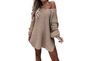 MOVNEBYRO Womens V Neck Sweater Oversized Off Shoulder Sweaters Dresses Long Sleeve Chunky Knit Pullover Tops Long Jumper