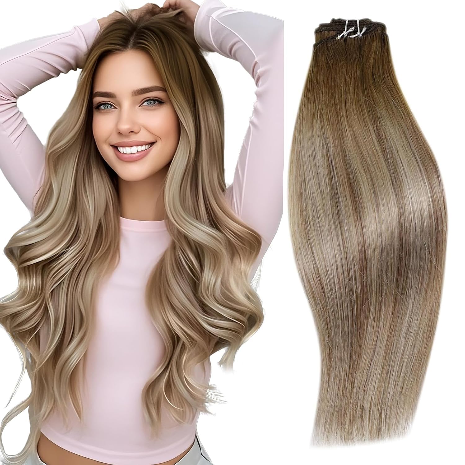RUNATURE Weft Hair Extensions Real Human Hair Brown Ombre Blonde Sew in Hair Extensions Human Hair Full Head Remy Weft Hair 12 Inch 70g #3/8/22 — image 1