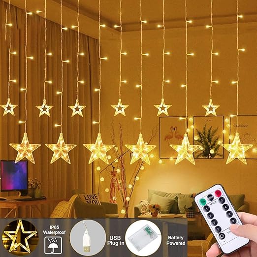 luces de cortina de estrella led 3 baterias aa o usb luces de cadena estrelladas blancas calidas con 2 5m 12 estrellas 138 leds 8 modos para ei jardin