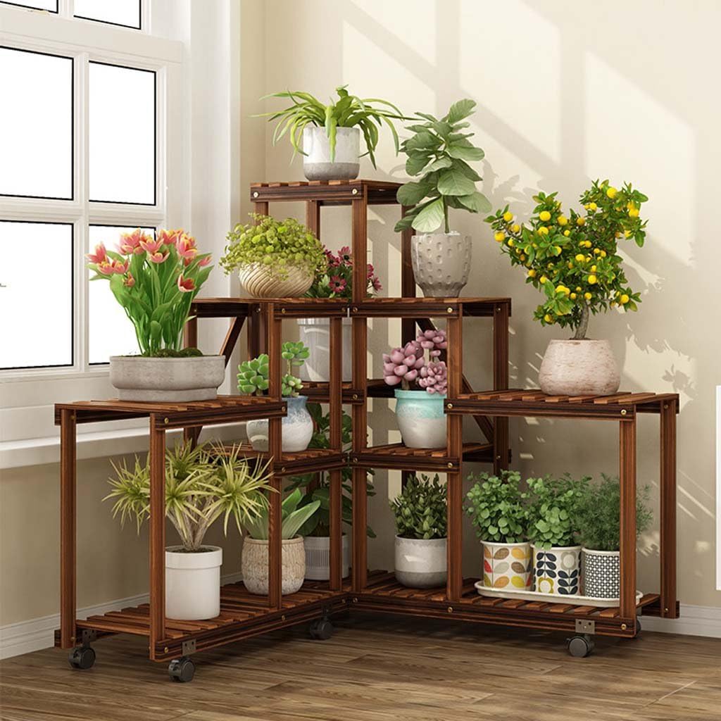 SMC Flower stand Solid Wood Antiseptic Flower Multi-layer Indoor Living Room Corner Green Radish Flower Pot Holder Balcony Multiple Rack Plant Stand Combination Charcoal 65 * 25 * 65cm+90 * 25 * 90cm
