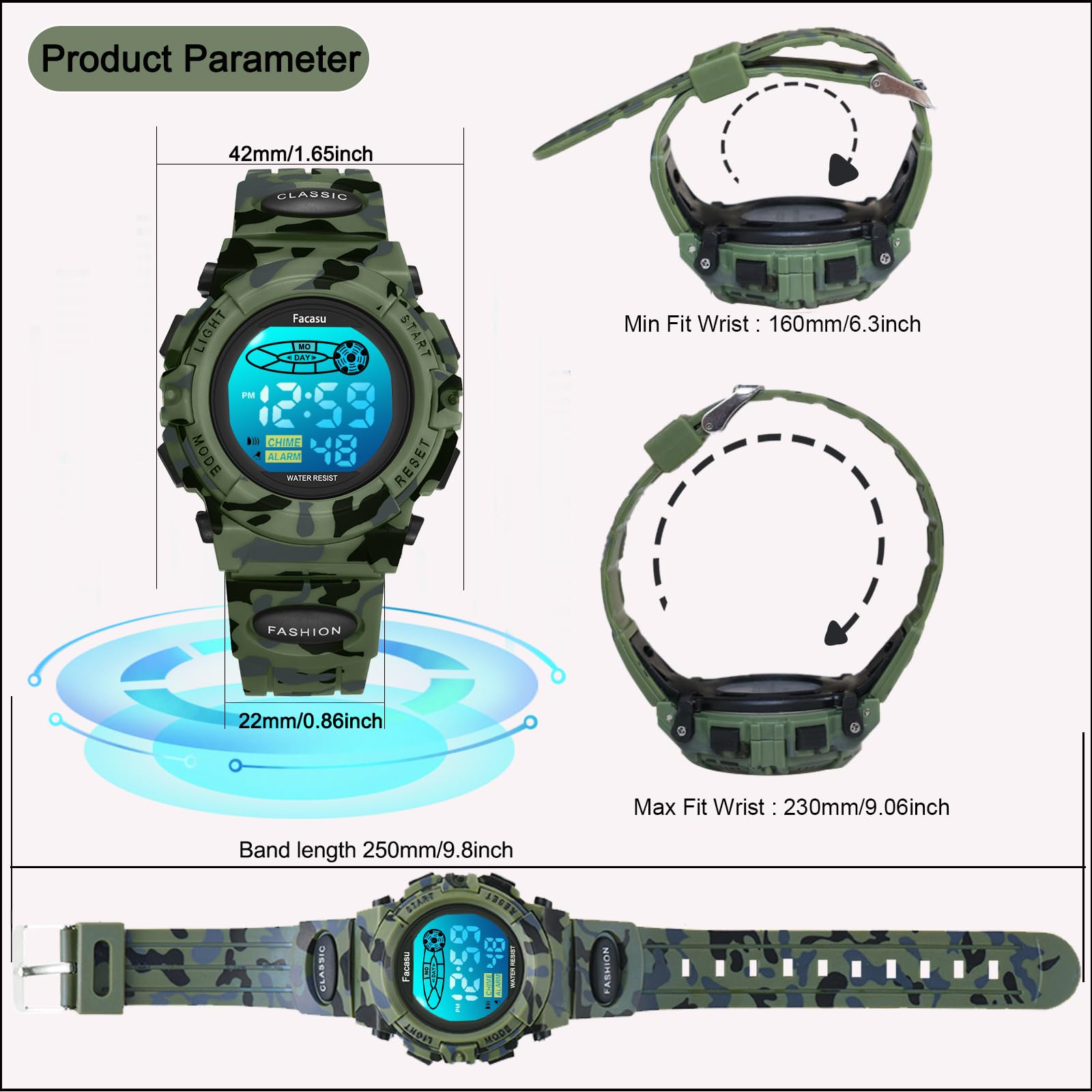 Facasu Camo Sports Watch for Boys-Waterproof Kids Digital Watch with Colorful Light, Alarm&Snooze,Stopwatch Military Design Silicone Band Gift for Birthdays,Christmas Outdoor Activities(8+ Years)