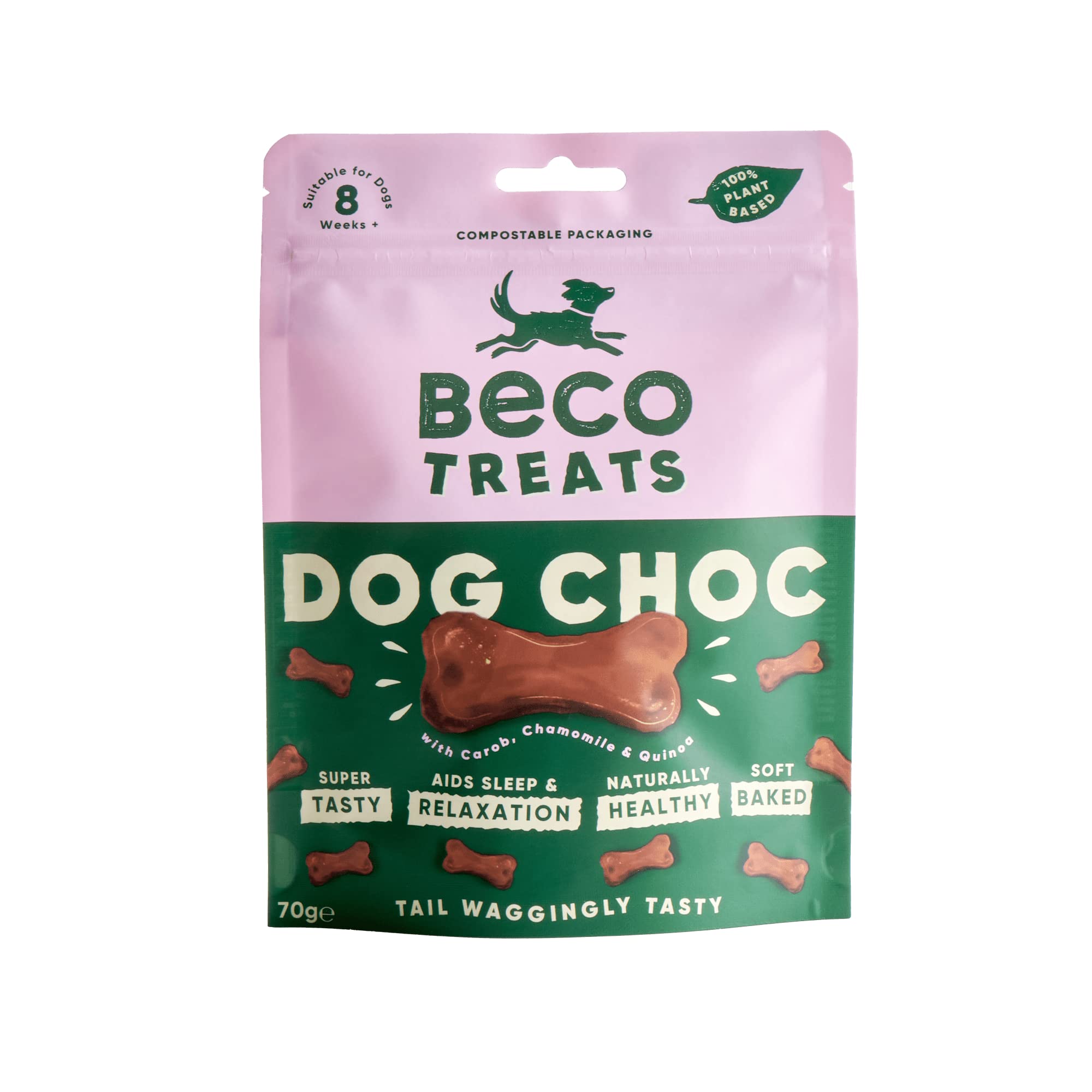 Beco Dog Treats - 70g x 10 Packs, Dog Choc with Carob, Chamomile & Quinoa, High Protein, Low Calorie, Plant-Based