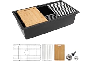 33 Granite Composite Kitchen Sink - Fulorni 33"x19" Granite Kitchen Sink Undermount Ledge Workstation Matte Black Quartz Classic Under Counter Single Bowl Sink Basin, FL-GRUS33B