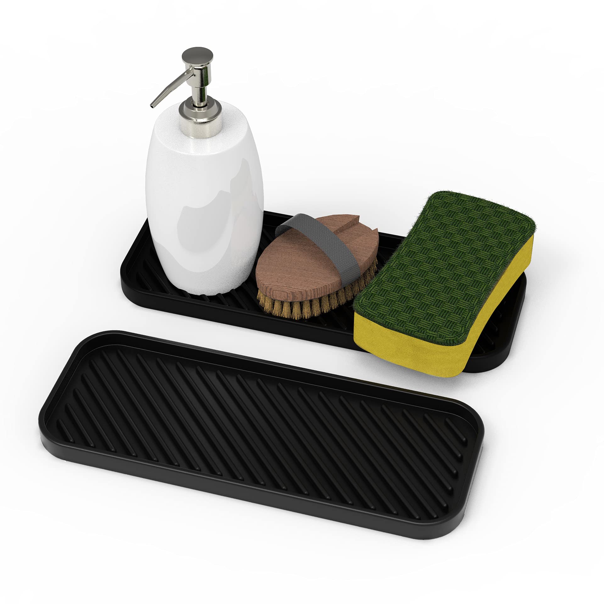 2 Pack Silicone Sink Tray, SOSMAR Silicone Organiser Tray Mat for Kitchen and Bathroom, Sponges and Soap Holder for Washing Up Liquid, Dish Soap, Scrubber, Brush, Nail Brush, Black