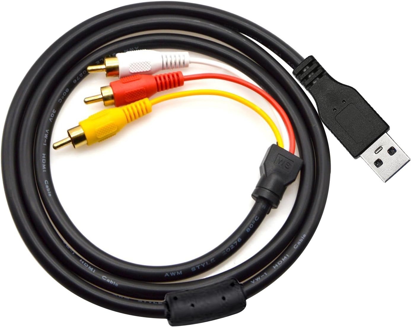 eBerry 5Ft/1.5M USB A Male to 3 RCA Male AV A/V TV Camcorder Adapter Cord Cable for Video TV/DVD Player