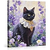 YJIKRTVT Funny Black Cat Canvas Wall Art, Garden Flowers Black Cat Aesthetic Wall Artwork, Oil Painting Posters Home Decor, Cats Pattern Home Decorations for Living Room Bedroom 8x10 Inches