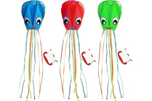Listenman 3 Pack Large New Upgraded Smiley Octopus Kites, Long Tail Beautiful Kite for Kids Adults Easy Fly to for Beach Great Outdoor Games and Activities with Family, Red Blue Green 3 Colors