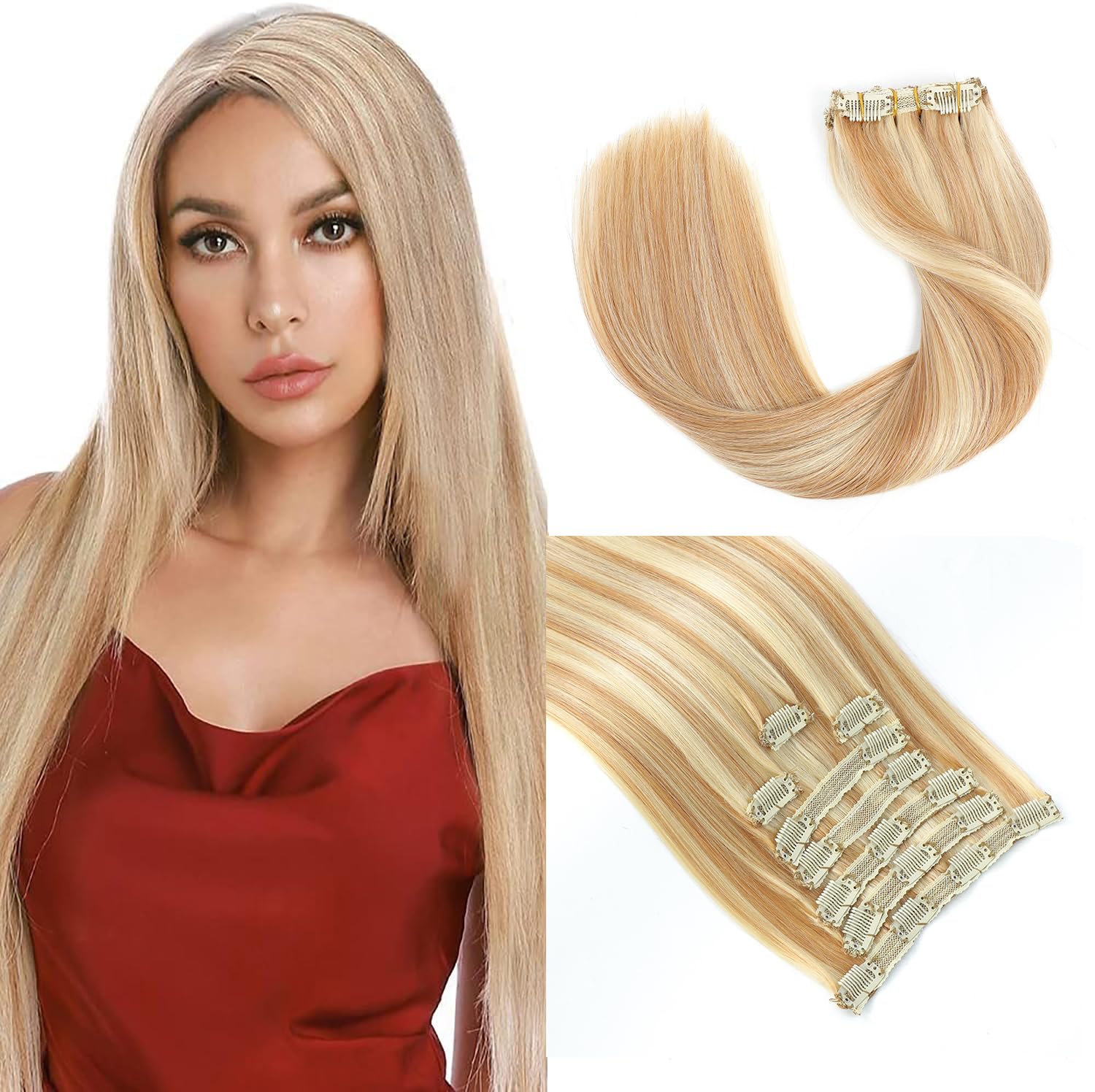 22'' Double Weft Clip in Human Hair Extensions Full Head 8PCS 100g Silky Straight -100% Real Remy Human Hair Highlighted Color Premium Lace Weft Clip in Human Hair Extensions (22 Inch 100g, #27/613)