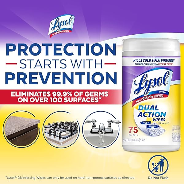 LYSOL DUAL ACTION DISINFECTANT WIPES, MULTI-SURFACE ANTIBACTERIAL SCRUBBING WIPES, DORM ROOM ESSENTIALS, CITRUS SCENT, 75CT (PACK OF 4), PACKAGING MAY VARY