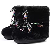 North Oak Women Snow Boots Faux Fur Mid Calf Boots Lace-up Fluffy Fuzzy Warm Comfortable Non-slip Round Toe Winter Flats Shoes