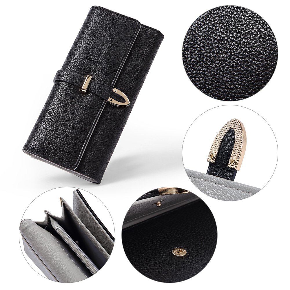 Wallet for Women Leather Large Capacity Trifold Checkbook Card Holder Organizer with Snap Closure Ladies Clutch black