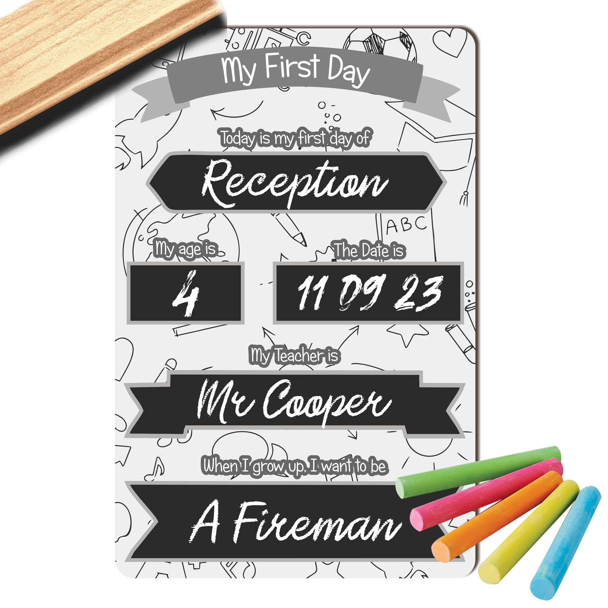 Pixie's Gifts First Day of School Board - My First Day of Nursery Chalkboard Reusable First Day of School Sign Milestone Photo Prop for Kids Child (Grey)