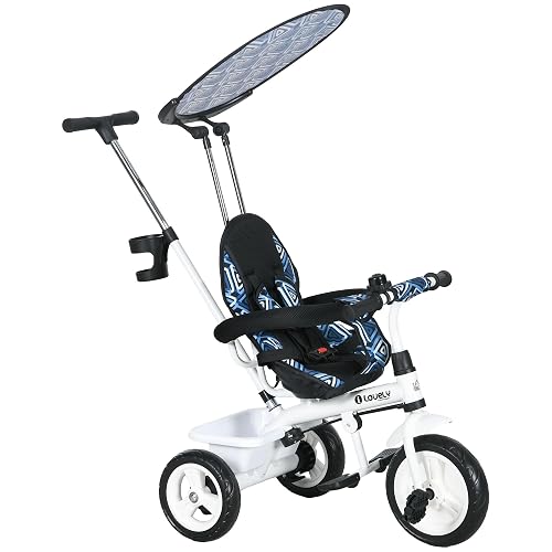 HOMCOM Trike, 6 in 1 Tricycle for Kids, Baby Trike with Push Handle, Removable Canopy, 5-Point Safety Harness, Storage Basket, for 18-60 Months, Blue