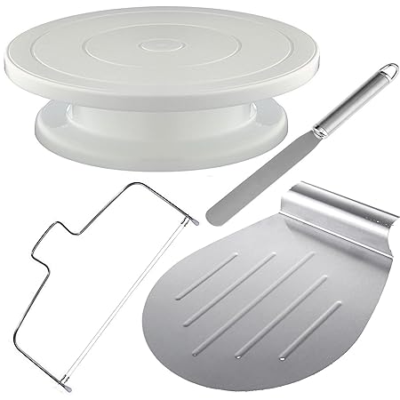4Tlg Tortenplatte drehbar Set Große Tortenheber Streichpalette und Tortenboden Schneidhilfe / Tortenständer mit Kuchen Retter