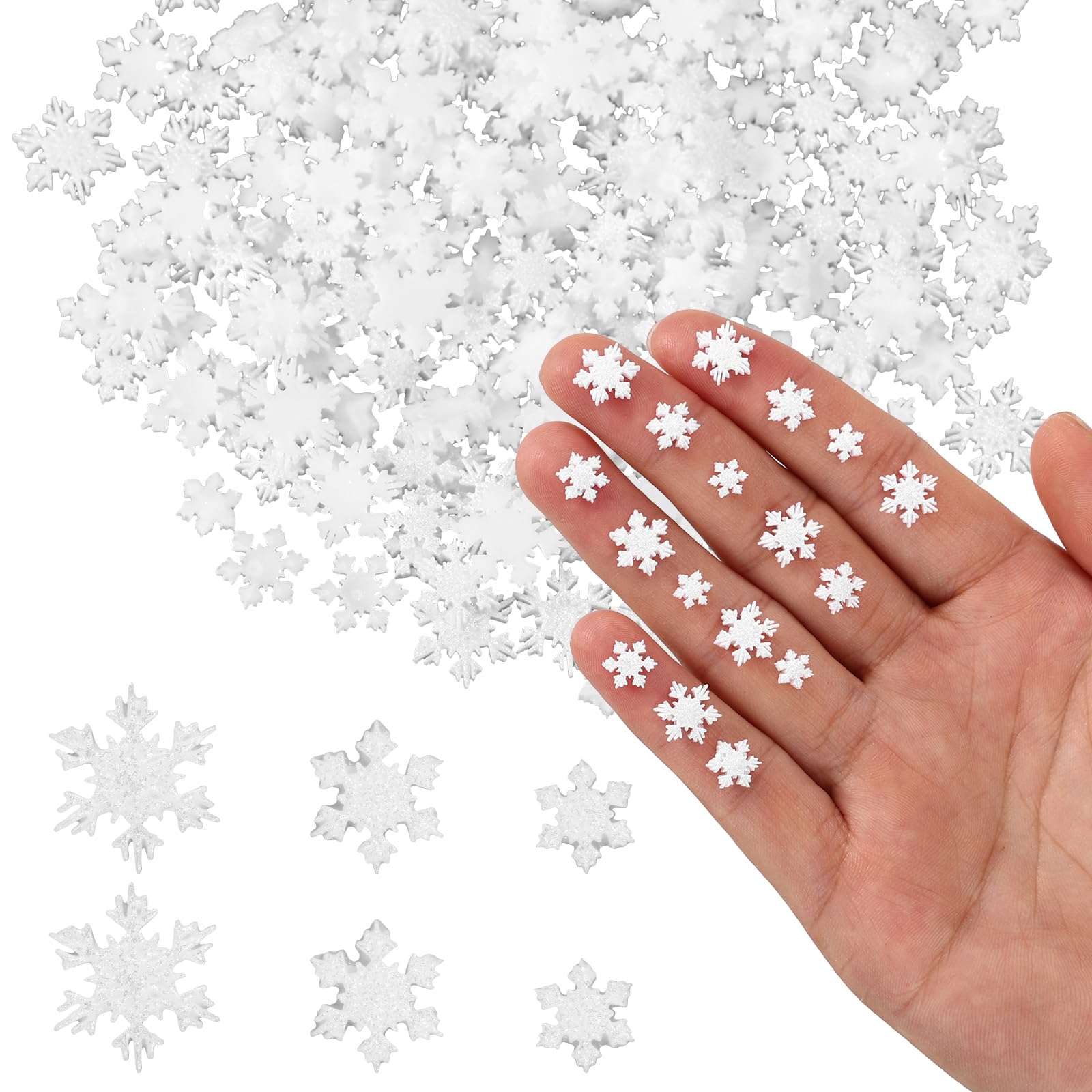 210pcs Mini Resin Snowflakes, 3 Sizes Glitter Winter Miniature Resin Snowflakes Tiny Ornaments for DIY Home Christmas Tree Micro Landscape Small Decor & Party Supplies (White)