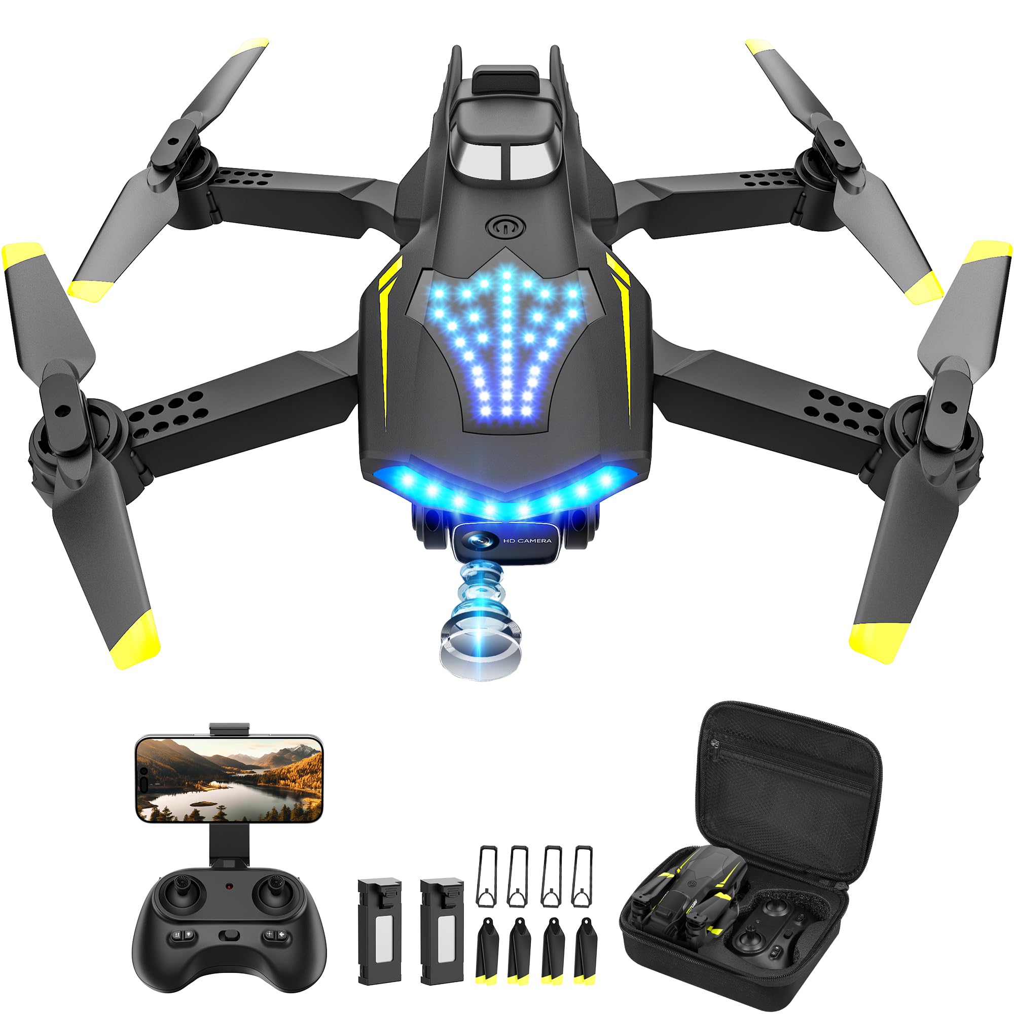 Flymevac Drone with Camera, Dual 720HD, Drone for Kids with Cool Lights, Cestures Control, Vertical Shooting, Waypoint Flight, Gravity Control, 3D Flip, 3-Speeds, Drones for Adults, Beginners, Kids Image