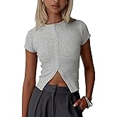 Cioatin Women Button Down Open Front Short Sleeve Crop Tee Tops Y2K Crew Neck Slim Fit Ribbed Cardigan Tshirt Workout