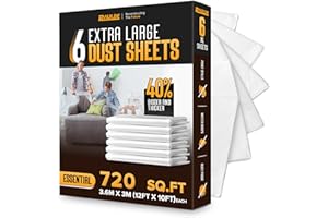 RAULDE Pack of 6 Plastic Drop Cloth, 12x10 Feet Clear Plastic Tarp, Dust Covers for Furniture are Waterproof & Tear Resistant