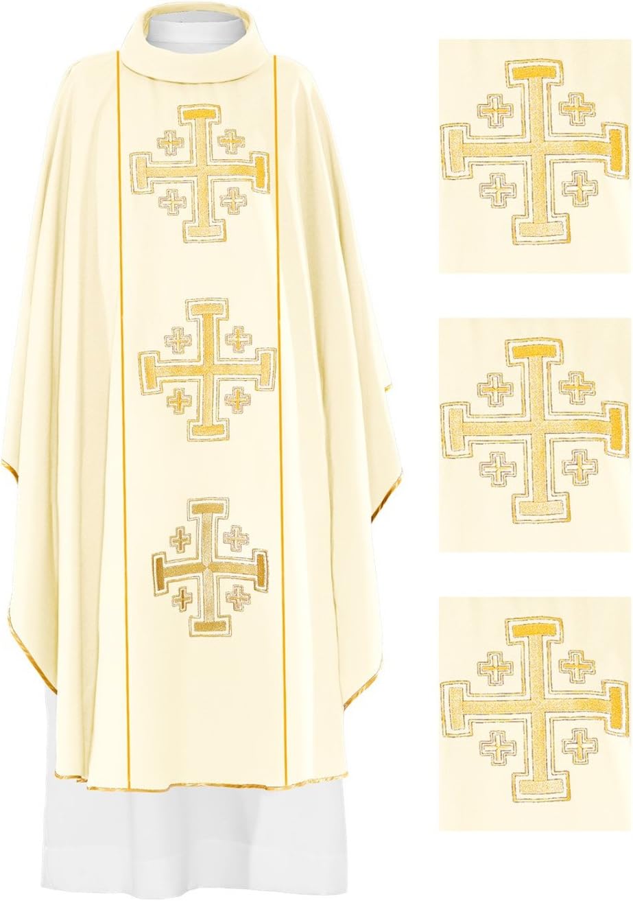 White Ecru Gothic Chasuble with Stole Embroidered Jerusalem Cross