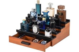 GLOKUUCA Perfume Organizer for Men, 4 Tier Wood Perfume Display Stand with Velvet Lining Drawer and Hidden Compartment for Watch,Jewelry,Perfume Display Risers,A Gift for Men (Black+Walnut)