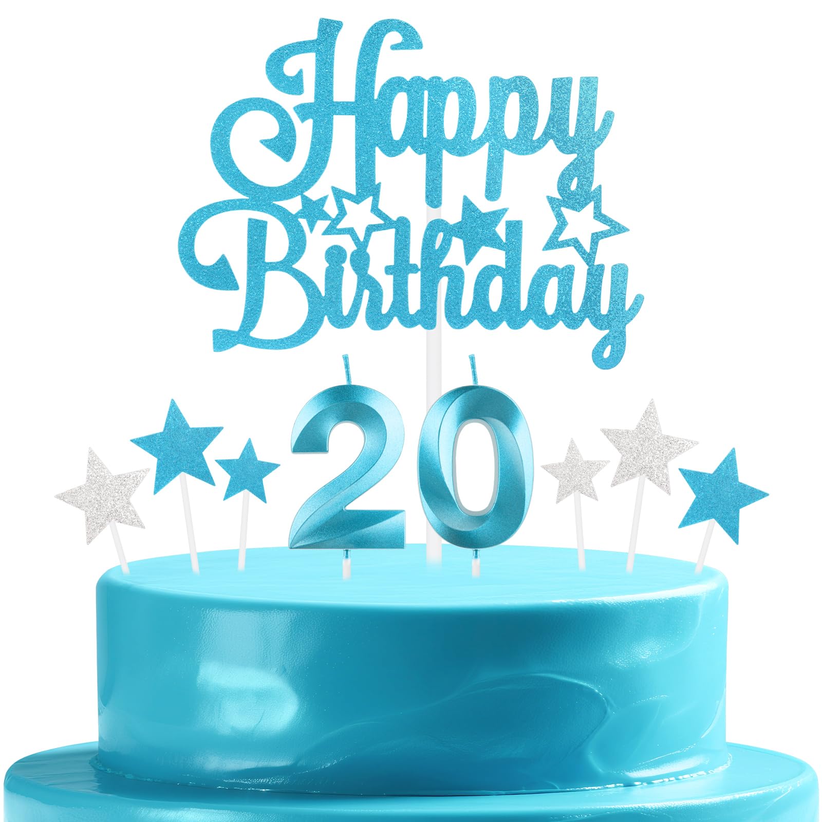 mciskin Blue Birthday Candles Set,Girl Boy 20th Birthday Decorations,Number 20 Candle for Cake,Blue Candles Cake Toppers with Star for Girls Boys Birthday Party Anniversary Decorations