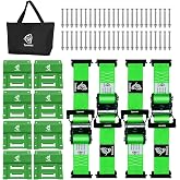 Towmax UTV Wheel Chock Tie-Down Kit - 4,500lb Break Strength Heavy Duty Trailer Tire Straps System - 4Pack 2" x 8' E Track Ratchet Straps for SXS, UTV, ATV, Lawn Mower (Bright Green)