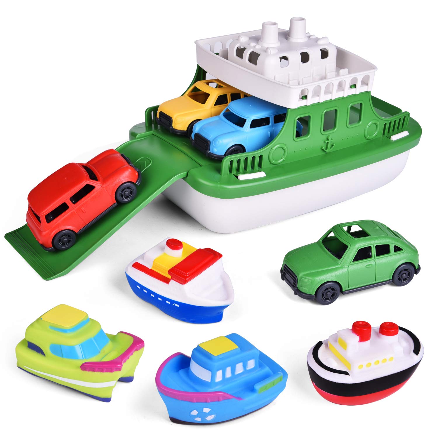 FUN LITTLE TOYS Toy Boat Bath Toys for Toddlers with 4 Cars Toys and 4 Bath Boats Squirters