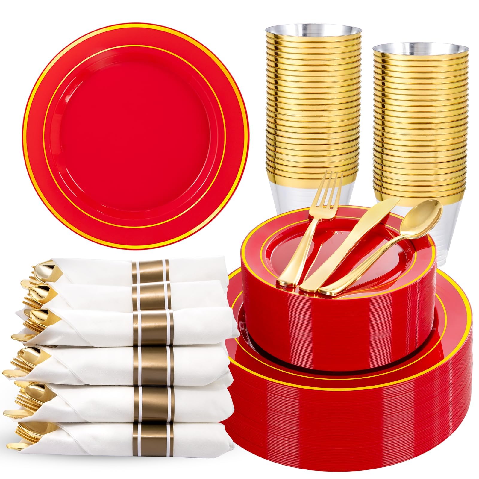 Photo 1 of WDF Partyware 350Pieces Red Plastic Plates with Gold Rim Include 50Dinner Plate 10”, 50Dessert Plate 7”, 50 gold Cups 9 OZ, 50 Pre Rolled Napkins for Party Valentine's Day