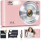 Digital Camera, FHD 4K Autofocus Digital Camera Pink with 64GB SD Card 16X Zoom, 2026 Upgraded Compact Cameras for Photography Point and Shoot Small Camera for Teen Boys Girls Kids Travel Adventures