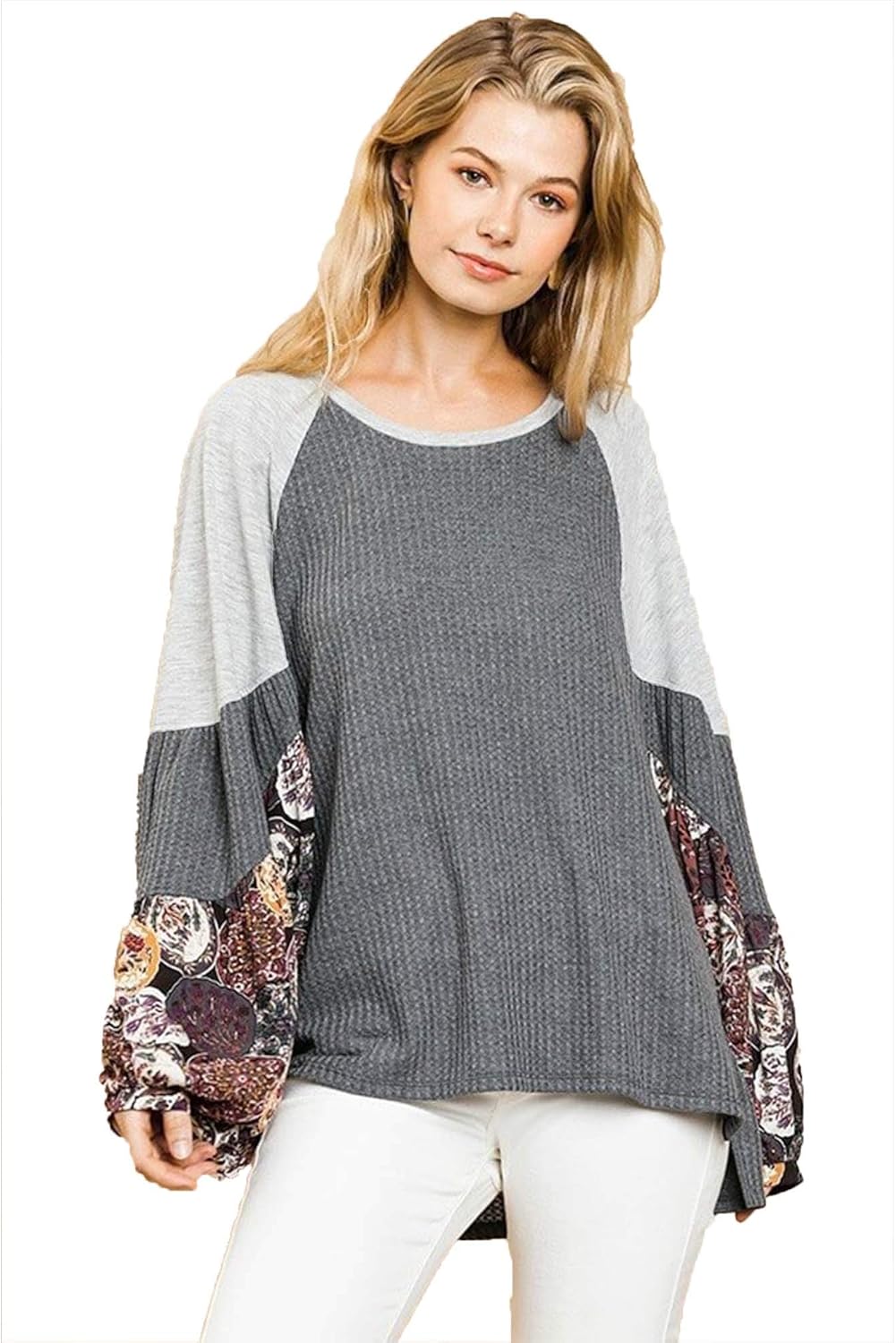 Umgee Women's Waffle Knit Top with Floral Print Puff Sleeves Amazon.ca