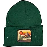 Vintage Mountain Sunset Knit Beanie, Outdoor Winter Hat with Nature Patch, Available in Forest Green, Gray, Black