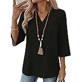 Rapbin Womens 3/4 Sleeve V Neck Floral Print Pleated Blouses for Women Dressy Casual Loose Fit Tops