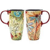 CEDAR HOME Travel Coffee Ceramic Mug Porcelain Latte Tea Cup With Lid in Box 17oz., Flower Enjoy Life, 2 Pack