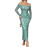 ABMOIU Women's Off The Shoulder Maxi Dress Long Sleeve Rhinestone Mesh Ruched Party Wedding Guest Dresses