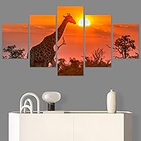 SIGNWIN 5 Panel Canvas Wall Art Modern Art Animals Dramatic Giraffe Lion Multicolor Photography Southwest for Home Decorations Ready to Hang - 60