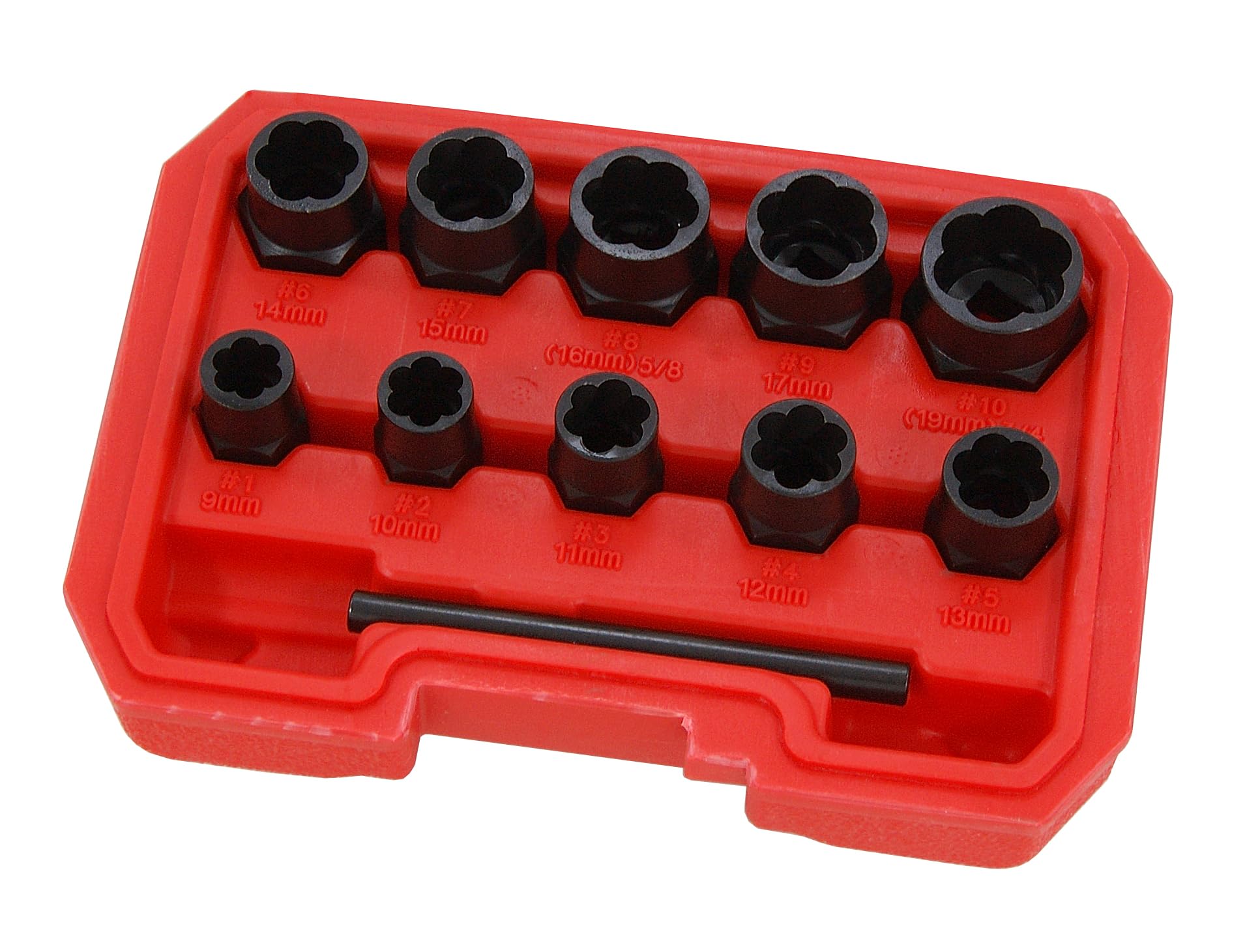 Neilsen CT1058 11pc 3/8in Drive Bolt Extractor Set - Spiral Profile Extractors | Nut Sizes 9–19mm | External Hex 16–27mm | Depth 27mm | Ideal for Loosening Damaged Nuts and Bolts