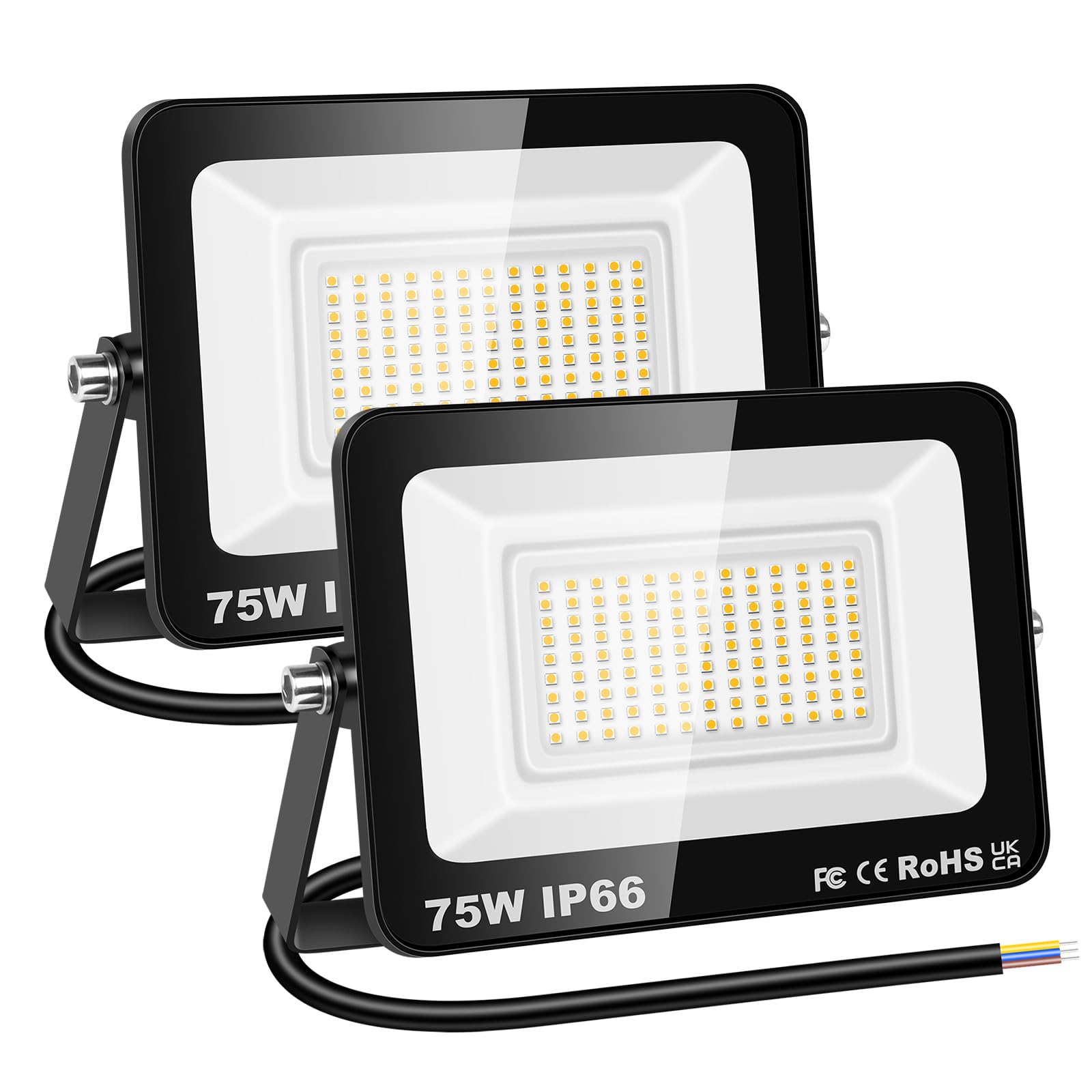 RIGIDON 2 Pcs Outdoor Flood LED Work Light, 75W 7500 Lumens Floodlight, Daylight Warm White Security Lights for Garden Yard Lawn Basketball Football Court Patio Landscape, IP66 Waterproof 3000K