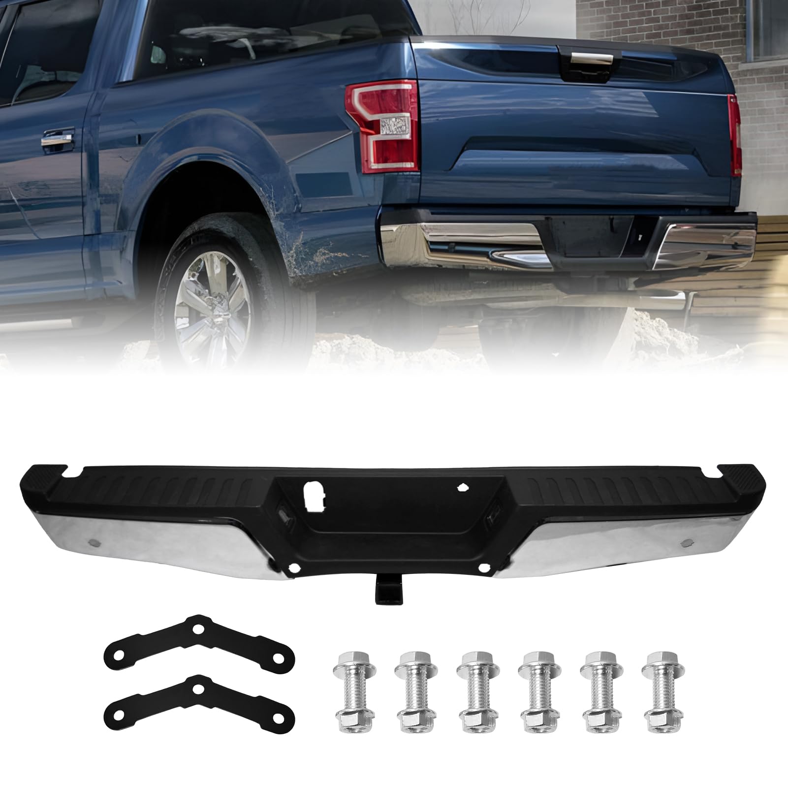 Photo 1 of **Minor Damage**
Kangyang F150 Rear Bumper for 2015 2016 2017 2018 2019 2020 Ford F150 Chrome Steel Rear Step Bumper Assembly With Max Tow Hitch With Parking Sensor Holes Replacement for FO1103191